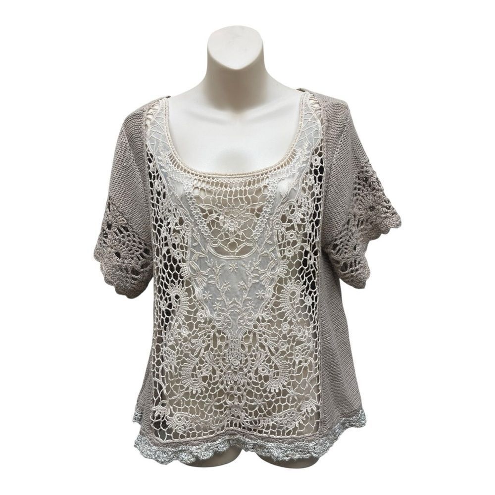 Free People Cream and Brown Lace Knit Sweater Blouse Size M Bohemian